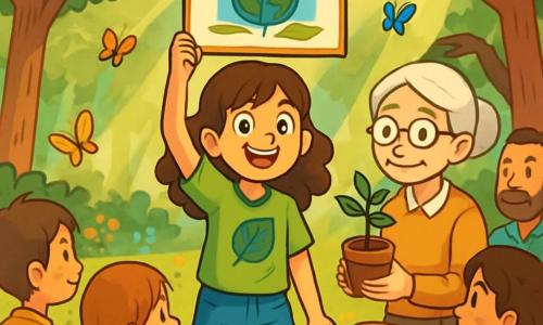 Lina, une fille de 12 ans aux cheveux bruns ondulés et aux yeux curieux, se tient au centre d'une clairière avec un large sourire. Elle porte un t-shirt vert vif et un short en jean, tenant une pancarte 