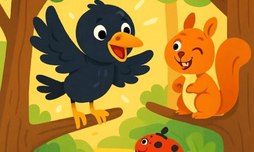Un petit corbeau noir aux plumes brillantes et aux yeux curieux est perché sur une branche d'arbre. Il bat des ailes avec enthousiasme, souriant joyeusement. À côté, un écureuil roux l'observe en riant. En bas, une coccinelle rouge grimpe sur une feuille verte, regardant le corbeau avec bienveillance. La scène se déroule dans une forêt enchantée, où des arbres majestueux se dressent et des rayons de soleil illuminent le sol. Le corbeau, plein d'énergie, essaie de voler plus haut, encouragé par ses amis dans une atmosphère joyeuse.