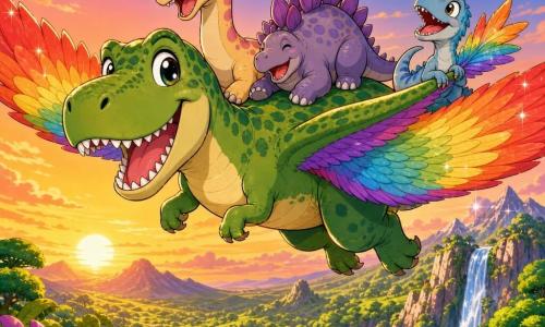 Téo, un grand Tyrannosaure Rex rond et joyeux aux yeux brillants, peau verte tachetée et immenses ailes arc‑en‑ciel, vole au‑dessus d'une vallée luxuriante au coucher du soleil ; sur son dos rient un diplodocus au long cou beige à taches roses, un stégosaure aux plaques violettes assis calmement et un petit vélociraptor bleu accroché à sa queue, le tout dans un style manga enfantin aux couleurs chaudes et contours nets.