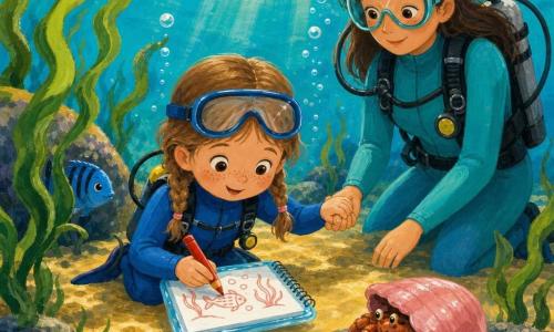 Fille de 4 ans, joyeuse et curieuse, visage rond tacheté de rousseur, cheveux châtain clair en deux petites nattes, en combinaison de plongée bleue, tient un carnet étanche et dessine une carte au gros crayon rouge sous l'eau; femme d'environ 32 ans, calme et bienveillante, cheveux bruns lâchés, en combinaison turquoise, tient doucement la main de la fillette, légèrement en retrait; petit poisson bleu rayé près d'un rocher à gauche, partiellement caché par de longues algues vertes; coquillage rose brillant avec un petit bernard-l'ermite posé sur un rocher rugueux au premier plan; décor : fond marin peu profond à eau turquoise claire, rayons de soleil, sable doré, rochers ronds couverts d'algues et bulles remontant à la surface; scène d'exploration tranquille et joyeuse, la fillette cartographie les cachettes des animaux marins pendant que la mère la protège, ambiance douce, couleurs vives, textures de peinture visibles et coups de pinceau épais avec contrastes chaleureux.