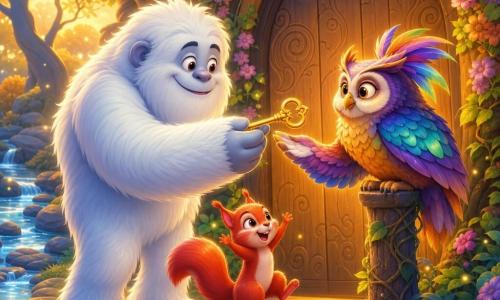 Un grand Yéti blanc au pelage doux, yeux ronds et sourire bienveillant tend une clé dorée brillante à un vieux hibou gardien aux plumes irisées, posé sur un poteau devant la porte sculptée du Jardin des Créatures ; un petit écureuil roux joyeux exulte à leurs pieds, la porte est entourée de lianes et de fleurs lumineuses au bord d'une rivière scintillante, arbres aux troncs torsadés et lucioles, atmosphère magique avec une lumière douce de fin d'après-midi et couleurs chaudes et contrastées.