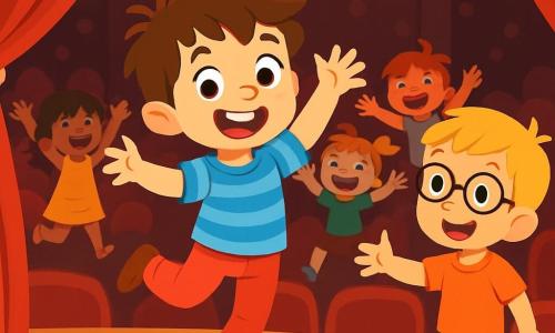 Un garçon de 6 ans, Jules, est au centre de la scène du théâtre, souriant et dansant avec enthousiasme. Il porte une chemise bleue à rayures et un pantalon rouge. À ses côtés, son ami Léo, également âgé de 6 ans, l'encourage avec un sourire, prêt à le rejoindre. En arrière-plan, d'autres enfants de 6 ans sautent et rient, créant une ambiance festive. Le théâtre est vibrant avec des rideaux rouges, des sièges en velours et des lumières scintillantes. Jules, malgré son trac, improvise une danse, transformant son hésitation en un moment de bonheur partagé avec ses camarades.