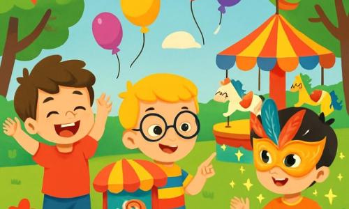 Trois personnages se trouvent dans un jardin public coloré : Léo, un garçon de 8 ans avec des cheveux bruns et un t-shirt rouge, sourit les bras levés ; Max, 7 ans, avec des cheveux blonds et des lunettes rondes, porte une chemise à rayures et pointe un stand de bonbons ; Tom, 8 ans, a des cheveux noirs et un short bleu, et porte un masque doré orné de plumes, émerveillé par la magie. Le jardin est décoré de guirlandes scintillantes, de ballons, d'arbres aux feuilles brillantes et d'un carrousel coloré. Les trois amis découvrent le jardin enchanté du carnaval, entourés de bonbons scintillants et de rires.