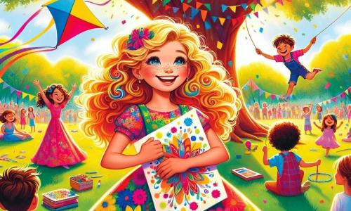 Clara, une fille de 8 ans aux cheveux bouclés et dorés, se tient sous un grand chêne, rayonnante de joie. Elle porte une robe à fleurs colorées et tient une affiche dessinée à la main. À côté d'elle, Hugo, un garçon aux cheveux bruns en bataille, fait voler son cerf-volant multicolore, tandis que Léa, une autre fille, saute à la corde avec agilité. Le parc est vibrant de couleurs, rempli de rires d'enfants et de parents admirant le spectacle. Clara et ses amis préparent leur spectacle, créant une atmosphère de camaraderie et de joie.