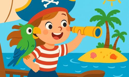 Capitaine Lola, une femme joyeuse avec un grand sourire et un chapeau de pirate coloré, se tient sur le pont de son bateau. Elle porte une chemise rayée et un pantalon court, ses cheveux flottant au vent. Elle observe une petite île au loin, tenant une longue-vue. À ses côtés, Toto le perroquet, aux plumes éclatantes de vert et de bleu, est perché sur son épaule, prêt à crier « Croa croa ! ». Le bateau navigue sur une mer bleue avec des vagues scintillantes sous le soleil. En arrière-plan, l'île est entourée de coquillages colorés et de palmiers. Lola et Toto sont prêts à explorer l'île mystérieuse, dans une ambiance joyeuse.