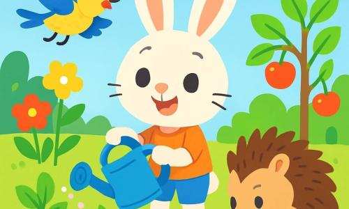 Léon le lapin, un petit personnage aux grandes oreilles et à la fourrure douce et blanche, se tient joyeusement au centre d'un jardin vibrant. Ses yeux pétillent d'excitation alors qu'il arrose des jeunes plants avec un seau bleu. Mina la mésange, un oiseau aux plumes jaunes et bleues, vole joyeusement au-dessus de lui, chantonnant avec un sourire éclatant. Sam le hérisson, avec ses piquants bruns et son petit nez noir, creuse la terre à côté de Léon, ses yeux brillants de détermination. Le jardin est rempli de fleurs colorées, de fraises rouges juteuses et de jeunes pommiers sous un ciel bleu clair. Léon et ses amis travaillent ensemble avec joie pour planter des arbres et des fleurs, montrant leur engagement à protéger la nature et à lutter contre le changement climatique.