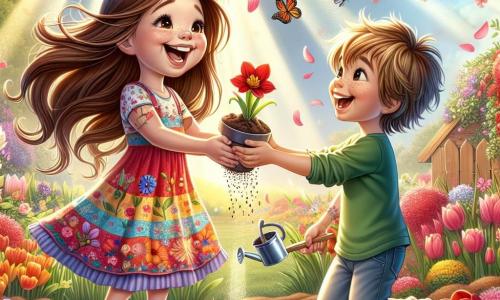 Céleste, une petite fille de 10 ans aux longs cheveux bruns et aux yeux pétillants, se trouve dans un jardin fleuri. Elle porte une robe colorée avec des motifs floraux et sourit en tenant un pot de terre pour planter des graines. À ses côtés, Léo, un garçon de 9 ans aux cheveux blonds en bataille et un t-shirt vert, l'encourage avec un sourire, tenant une petite pelle. Le jardin est rempli de fleurs colorées comme des tulipes rouges et des jonquilles jaunes, sous un soleil radieux. Ensemble, ils plantent des graines, entourés de papillons et d'une brise printanière, partageant un moment magique d'amitié et de découverte dans la nature.