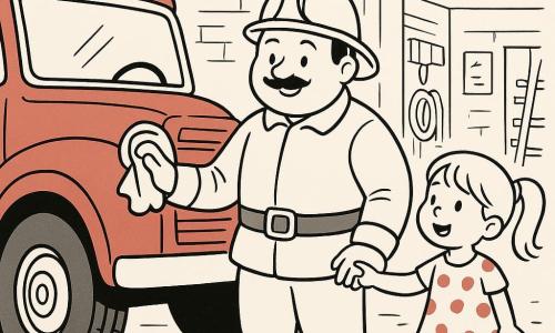 Maxime, pompier souriant à visage rond et fine moustache, casque brillant, polit la carrosserie d’un grand camion rouge avec un chiffon, posture attentive, tandis que Léa, environ 6 ans, cheveux en couette et robe à pois, tient sa main et pointe la grosse roue du camion à sa droite; en arrière-plan la caserne rouge avec grande porte ouverte, mur de briques, outils accrochés, tuyaux enroulés et échelle repliée; Maxime montre à Léa la sirène et le phare chromé dans une scène calme, lumineuse et rassurante, composition simple aux traits nets.