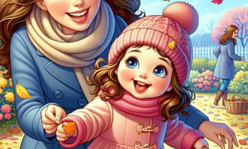 Une petite fille d'un an, avec de grands yeux brillants et des cheveux bouclés, porte un manteau rose et un chapeau en laine. Elle ramasse des feuilles colorées dans le jardin, aidée par sa maman, une femme d'environ 30 ans avec des cheveux longs et bruns, qui porte un manteau bleu. Elles sont entourées de feuilles jaunes, oranges et rouges tombées des arbres, sous un ciel bleu et ensoleillé, créant une ambiance festive et chaleureuse.