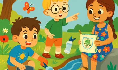 Trois personnages sont présents : Lucas, un garçon de 10 ans aux cheveux bruns en bataille, portant un t-shirt bleu et un short beige, accroupi près d'un ruisseau avec un seau et un gant pour ramasser des déchets ; Tom, un garçon de 9 ans aux cheveux blonds et portant des lunettes rondes, vêtu d'un t-shirt vert et d'un pantalon court, qui pointe une bouteille en plastique dans l'eau ; et Malo, une fille de 10 ans avec de longs cheveux châtains tressés, souriante, en robe à fleurs, assise sur un rocher, dessinant sur un carnet. Le cadre est un ruisseau entouré de fleurs sauvages et d'arbres, avec des papillons. Les amis sont déterminés à nettoyer le ruisseau, avec Lucas et Tom ramassant des déchets tandis que Malo dessine des affiches pour sensibiliser les autres enfants. L'atmosphère est joyeuse et énergique, reflétant leur engagement pour l'environnement.