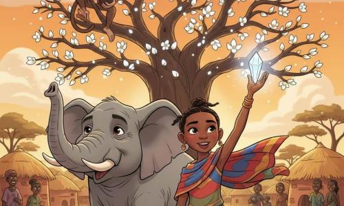 Zuri, fille d'environ 12 ans au visage rond et souriant, peau cacao et foulard coloré, lève un cristal lumineux vers le ciel avec détermination; à gauche un vieux grand éléphant gris au regard bienveillant, au-dessus un jeune singe brun sur une branche tient une noix magique brillante; village de savane africaine au coucher du soleil avec cases ocres, herbes dorées et un grand baobab aux bourgeons blancs qui s'ouvrent; la lumière blanche du cristal fait doucement fleurir le baobab tandis que animaux et villageois regardent, émerveillés.