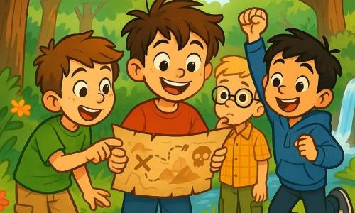 Quatre enfants se tiennent dans une forêt enchantée. Léo, 9 ans, au centre, sourit en tenant une vieille carte au trésor. Max, également 9 ans, observe la carte avec un air pensif, tandis que Tom, à gauche de Léo, pointe un symbole sur la carte avec enthousiasme. Sam, à droite de Léo, est excité et prêt à partir à l'aventure. La forêt, avec ses arbres majestueux, des fleurs colorées et une rivière scintillante, crée une ambiance magique. Les enfants, pleins d'énergie, sont impatients de découvrir le trésor caché.