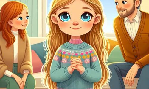 Dans un salon chaleureux, Clara, une petite fille de 8 ans aux longs cheveux dorés et aux yeux bleus pétillants, se tient au centre. Avec un léger sourire, elle regarde ses parents, prête à leur parler de ses sentiments. Son père, brun et barbu, est agenouillé à sa droite, attentif, tandis que sa mère, châtain et souriante, se trouve à sa gauche. Le salon, aux murs jaunes et décoré de coussins moelleux et de jouets, dégage une atmosphère accueillante. Clara s'apprête à exprimer ses émotions à ses parents, soulignant l'importance de la communication et de l'amour familial.