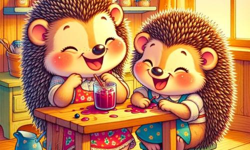 Deux jumeaux hérissons, Pic et Picot, sont assis à une table en bois, leurs yeux pétillants de malice. Pic, avec ses piquants bruns, renverse un verre de jus de baies, tandis que Picot rit aux éclats. Maman Hérisson, aux piquants soyeux et bienveillante, se tient à côté, riant et essuyant la nappe dans une cuisine chaleureuse aux murs en bois et aux étagères de confitures. Les jumeaux, en pleine compétition de blagues, créent une atmosphère joyeuse et conviviale.