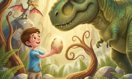 Garçon de 6 ans, joyeux et courageux, cheveux bruns courts et taches de rousseur, t-shirt bleu clair et short beige boueux, tend un gros œuf brillant vers un grand T-Rex doux à peau verte olive, qui s'incline pour le recevoir à sa droite ; en arrière-plan, un ptérodactyle perché sur un rocher observe protecteur la Vallée des Échos (fougères géantes, troncs tortueux, pierres scintillantes, brume légère, rayons dorés) ; ambiance magique et sécurisante, couleurs vives et chaudes, contrastes doux, plans rapprochés à diagonale dynamique, style enfantin détaillé, textures douces et ombres subtiles.