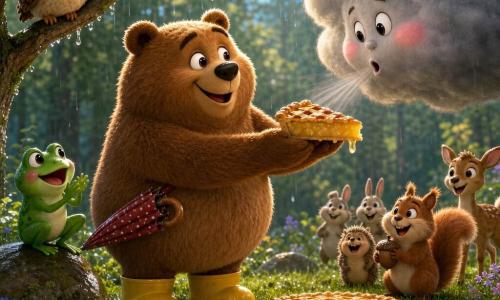 Barnabé, grand ours brun pelucheux en bottes jaunes tenant un parapluie à pois, tend une grosse part de tarte au miel au centre d'une clairière ; Filou la petite grenouille verte, perchée sur une pierre à gauche, saute et applaudit ; un nuage-tonnerre cotonneux gris à petite bouche et joues roses flotte en face de Barnabé et souffle doucement sur la tarte, l'air d'abord étonné puis adouci ; une chouette aux grands yeux sur une branche et un écureuil ébouriffé tenant un gland rient en arrière-plan ; herbe et feuilles trempées brillent, une couverture à carreaux rouge porte la tarte ; scène lumineuse et colorée, textures moelleuses et humides, ambiance fantasy humoristique et rassurante centrée sur cet échange amical.