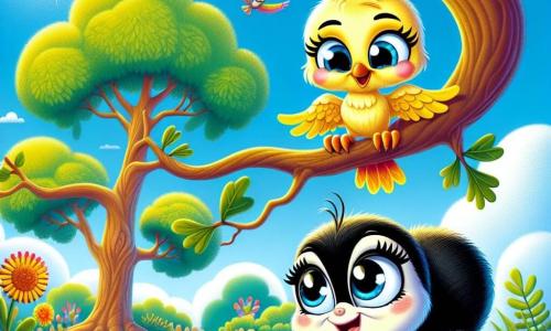 Chloé l’araignée, petite et délicate, avec un corps noir et des pattes fines, est perchée sur une branche d’un grand chêne, émerveillée par le ciel bleu parsemé de nuages. À ses côtés, Léo l’oiseau, aux plumes jaunes éclatantes et au petit bec orange, se tient sur une autre branche, souriant et prêt à s’envoler avec Chloé sur son dos. Le chêne majestueux, baigné de lumière, est entouré de fleurs colorées et d’herbe verte. Chloé, excitée et heureuse, s’accroche aux plumes de Léo alors qu’il s’apprête à s’envoler, créant un moment magique d’amitié et d’aventure.