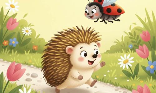 Un petit hérisson au ventre crème et aux piquants bruns dorés, brillants au soleil, se relève surpris — yeux ronds et bouche en "o" — après avoir heurté une pierre lisse, tandis qu'une coccinelle rouge à pois noirs, ailes déployées et sourire malicieux, vole au-dessus de lui pour l'encourager; le jardin lumineux, avec herbe courte, marguerites et tulipes roses, un sentier de gravier clair et la grosse pierre arrondie, crée une ambiance ludique et chaleureuse lors d'une course amicale au soleil.