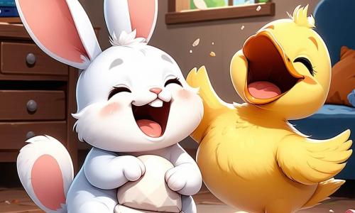 Un petit lapin nommé Léo, avec des oreilles longues, un pelage blanc et des yeux malicieux, se roule par terre en riant avec un coussin qui fait pouet-pouet. À côté, un canard joyeux nommé Gaston, au plumage jaune et au grand sourire, sursaute en riant de Léo. La scène se déroule dans une chambre douillette aux murs bleu pastel, avec un tapis moelleux et des étoiles accrochées au plafond. Des jouets colorés sont éparpillés, et une veilleuse éclaire la pièce. Léo et Gaston s’amusent ensemble, créant une atmosphère joyeuse et ludique, parfaite pour une histoire drôle avant de dormir.