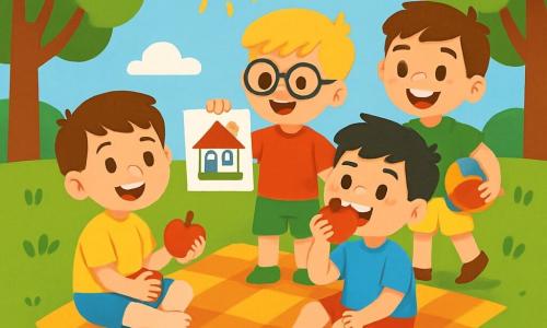 Quatre enfants profitent d'un pique-nique dans un parc ensoleillé. Maxime, 6 ans, a des cheveux bruns et sourit en tenant une pomme. Léo, également 6 ans, a des cheveux blonds et des lunettes rondes, montrant son dessin d'une maison. Paul, avec des cheveux noirs et des taches de rousseur, croque dans une pomme. Hugo, aux cheveux châtains, tient une balle et est prêt à jouer. Le parc est verdoyant, avec des fleurs colorées et un ciel bleu. Les enfants rient et échangent des dessins, créant une ambiance joyeuse.