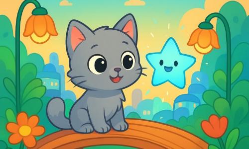 Un petit chat gris nommé Miro se tient sur un pont du ciel, avec une expression émerveillée. Il a des poils doux et ses petites pattes sont délicatement posées sur le bois. À ses côtés, une étoile lumineuse appelée Luma flotte joyeusement, changeant de couleur et souriant. Le jardin suspendu est rempli de plantes vertes et de fleurs colorées, avec des lampadaires en forme de fleurs et des drones en forme d'oiseaux. Miro et Luma observent une cité futuriste en contrebas, avec des maisons en verre scintillantes, tandis que Luma crée des mots et des images lumineuses dans l'air.