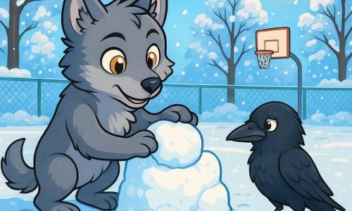 Un jeune loup gris nommé Néb, aux yeux dorés, se tient sur un terrain de sport enneigé. Il construit un petit mur de neige avec des moules colorés. À proximité, un merle noir, inquiet mais reconnaissant, l'observe. Le terrain est entouré d'arbres chargés de neige sous un ciel bleu, où le soleil brille. Néb crée un abri pour le merle blessé, illustrant sa détermination à aider un autre être vivant.