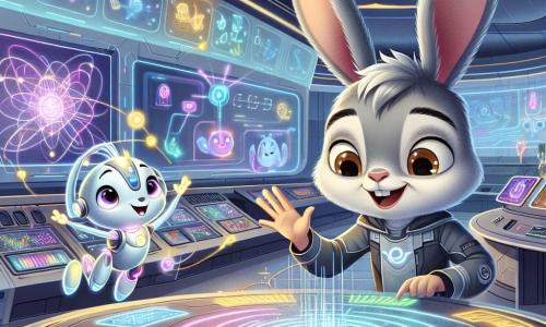 Zéphyr, un jeune lapin au pelage gris argenté et aux yeux curieux, est au centre de la scène, les oreilles dressées et un sourire émerveillé, manipulant un écran holographique dans le Centre de Commande de Luminopolis. À ses côtés, Aria, un drone flottant aux formes douces et aux lumières scintillantes, projette des images colorées tout en guidant Zéphyr dans la reconfiguration des circuits. En arrière-plan, le Centre de Commande est un bâtiment futuriste aux lignes épurées, avec des murs en verre et des écrans lumineux, créant une atmosphère dynamique. Zéphyr et Aria collaborent pour résoudre un problème de communication, entourés de lumières clignotantes et de graphiques animés, illustrant l'urgence de leur mission.