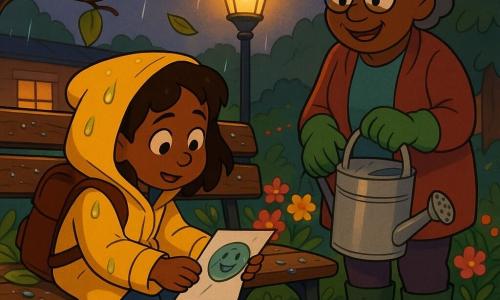 Mila, 8 ans, curieuse, assise près d'un banc en bois mouillé, porte un sac à dos trop grand, une veste jaune et des bottines boueuses; elle tient une feuille pliée dessinant une planète souriante — Madame Lune, femme d'environ 60 ans, souriante et bienveillante, en gants de jardinage et bottes humides, tient un arrosoir en métal debout à côté d'elle; un merle chante sur une branche basse et quelques feuilles trempées tombent autour; lieu : petit jardin d'école au crépuscule avec sols pavés luisants, massifs de fleurs et lampadaire diffusant une lumière douce; scène centrée sur la découverte d'une 