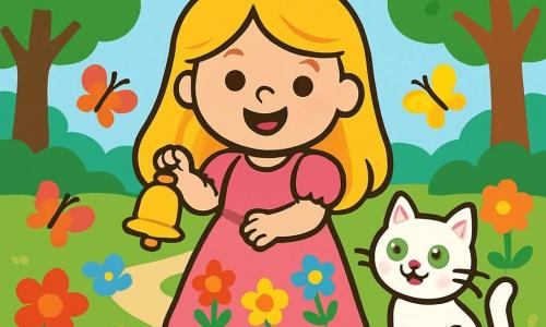 Une princesse nommée Lina se tient dans un jardin enchanteur, souriante, avec de longs cheveux dorés et une robe rose ornée de fleurs. Elle tient une cloche dorée dans ses mains. À ses côtés, un chat blanc aux yeux verts, espiègle, l'observe en miaulant, assis sur une pierre. Le jardin est rempli de fleurs colorées et de papillons, avec des arbres majestueux et une douce lumière du matin. Lina cherche sa cloche perdue, entourée de la beauté du jardin, prête à découvrir les merveilles qui l'attendent.