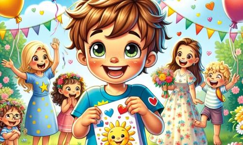 Timéo, un petit garçon de 6 ans aux cheveux châtains en bataille et au grand sourire, est au centre de l'image. Il porte un t-shirt bleu avec un motif de soleil et un short vert, tenant une carte décorée de cœurs et de fleurs pour surprendre sa maman. À ses côtés, sa maman, une femme d'environ 30 ans aux longs cheveux bruns et au sourire rayonnant, le regarde avec amour. En arrière-plan, ses amis Léa, Lucas et Emma participent à la fête. La scène se déroule dans un jardin ensoleillé, rempli de ballons colorés et de guirlandes, avec une grande table prête pour la fête. Timéo et ses amis crient « Surprise ! », créant une atmosphère festive pour célébrer la fête des mères.
