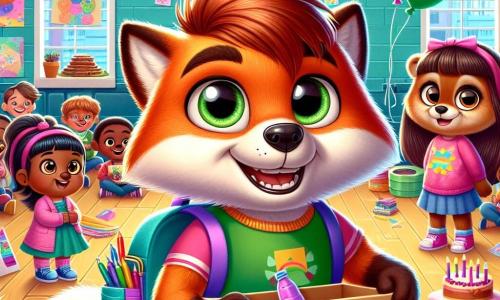 Un jeune renard à la fourrure rousse flamboyante, nommé Léo, se tient au centre de la scène, souriant et curieux. Il porte un sac à dos coloré rempli de fournitures scolaires et regarde un groupe d'enfants. À sa droite, Sami, un renard brun, exprime de la joie et tient un carton de jeux faits maison. À gauche, Margot, une loutre, sourit en tenant une affiche colorée annonçant la journée de partage. Le centre communautaire est lumineux, avec des murs colorés, des ballons au plafond et des tables chargées de gâteaux et de jeux. Léo et ses amis organisent une journée de partage, invitant chacun à participer et à célébrer la solidarité et l’amitié.