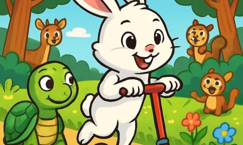Un petit lapin nommé Rémi, avec un pelage blanc et soyeux, se tient sur sa trottinette magique, les yeux brillants d'excitation et un grand sourire. Sa patte arrière est plus courte, mais il se sent courageux et déterminé. À ses côtés, Timothée la tortue, avec une carapace verte, l'encourage avec admiration. La scène se déroule dans une clairière ensoleillée de la Forêt Enchantée, entourée d'arbres majestueux et de fleurs colorées. Rémi s'élance sur sa trottinette, prêt pour une course de relais, tandis que les autres animaux l'observent avec enthousiasme.
