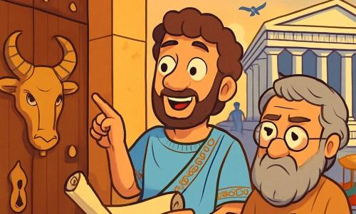 Périclès, avec des cheveux bouclés et une barbe soignée, porte une toge bleu ciel ornée de motifs dorés. Son visage montre excitation et appréhension, ses yeux brillent d'aventure. Il tient un vieux rouleau de papyrus et pointe vers une grande porte décorée de cornes de bouc. À ses côtés, Aristote, âgé d'environ 50 ans, avec des lunettes rondes et une longue barbe grise, observe avec scepticisme, vêtu d'une tunique simple et tenant un livre ouvert. En arrière-plan, le temple de Zeus se dresse majestueusement, entouré de statues et d'un marché animé. Périclès est prêt à entrer dans le sanctuaire de l'Oracle du Bouc, déterminé à changer l'histoire avec un sort interdit, tandis qu'un hibou mystérieux survole la scène.