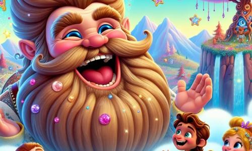 Un géant joyeux nommé Gigi, avec une grande barbe en forme de barbe à papa et un sourire éclatant, est assis sur un nuage au sommet de la Montagne des Merveilles. Il rit aux éclats en regardant deux enfants en bas. Maxou, un petit garçon de 8 ans avec des cheveux châtains et un t-shirt coloré, raconte une blague, tandis que Lila, une petite fée de 7 ans aux ailes scintillantes, fait des grimaces. La scène se déroule sur la Montagne des Merveilles, un paysage enchanteur avec des fleurs colorées, des arbres torsadés et des rivières scintillantes. Maxou et Lila, en pleine performance comique, tentent de faire rire Gigi, créant une atmosphère joyeuse et magique.