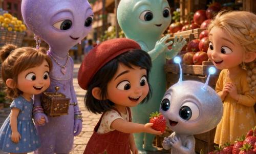 Six personnages se tiennent sur un marché de village en plein jour : Lila, 5 ans, châtain clair en deux couettes, robe bleue à pois, tient la main d'une extraterrestre violette et sourit en regardant les fraises ; Noor, 5 ans, cheveux noirs courts et casquette rouge, au centre, tend une fraise rouge vif à une petite extraterrestre argentée aux antennes bleues qui ouvre des yeux émerveillés ; Maë, 5 ans, blonde en tresse, robe jaune à droite, rit en observant les visiteurs ; extraterrestre 2, taille moyenne vert menthe aux doigts translucides, admire un étal de pommes rouges derrière Noor ; extraterrestre 3, plus grand et violette, porte des accessoires rêvés et tient Lila par derrière ; le marché animé présente étals en bois colorés chargés de fraises, pommes et raisins, drapeaux en tissu, pavés clairs et une nacelle argentée près d’un bosquet de fleurs jaunes, lumière douce du matin et couleurs saturées.