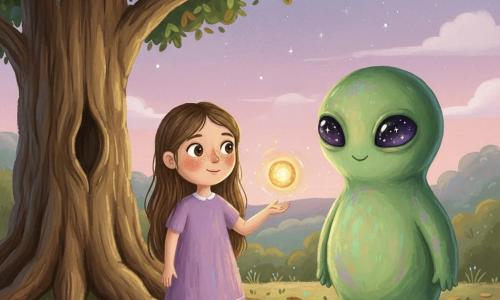 Lila, fillette de 8 ans au visage rond et taches de rousseur, cheveux bruns longs, sourit en tendant la main vers une petite lumière flottante ; à côté d'elle, Zog, un extraterrestre bulbeux vert aux yeux étoilés, émet une lueur changeant de couleur ; ils se rencontrent près d'un vieux chêne massif à l'écorce rugueuse, le sol couvert de feuilles ocres et de petites fleurs luminescentes bleues et violettes, collines au loin sous un ciel crépusculaire violet-rose constellé ; style gouache aux coups de pinceau visibles, contours doux et palette pastel dominée par verts, violets et ocres, ambiance chaleureuse.