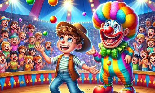 Max, un garçon de onze ans avec des cheveux ébouriffés et un chapeau de cow-boy, jongle avec des ballons colorés, souriant. À sa droite, Bouglou, un clown géant aux cheveux multicolores et au nez rouge, rit en l'encourageant. À gauche, un groupe d'enfants applaudit et rit, certains tenant des ballons en forme d'animaux. Le décor est un chapiteau de cirque coloré et lumineux, avec des spectateurs émerveillés autour de la piste. Max jongle pendant que Bouglou fait des grimaces, captivant les enfants et créant une ambiance joyeuse.