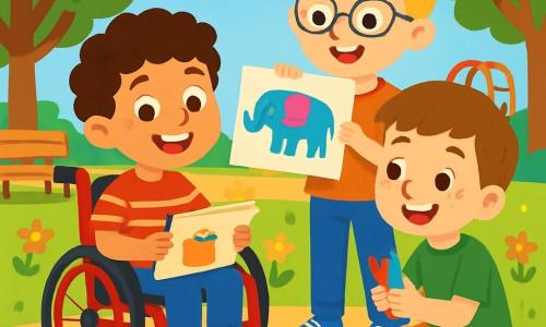 Trois personnages sont présents : Martin, un garçon de 8 ans aux cheveux bruns et bouclés, assis dans un fauteuil roulant rouge, souriant avec un carnet de dessin sur ses genoux ; Samuel, un garçon de 9 ans avec des cheveux blonds et des lunettes, debout à côté de Martin, montrant un dessin d'éléphant coloré ; et Léo, un garçon de 8 ans aux cheveux châtains et aux taches de rousseur, accroupi devant Martin avec des crayons de couleur, prêt à dessiner. La scène se déroule dans une cour d'école ensoleillée, entourée d'arbres verts et de fleurs colorées, avec des bancs en bois et des jeux pour enfants en arrière-plan. Les trois amis collaborent joyeusement pour créer un grand poster sur le handicap, illustrant l'importance de l'entraide et de l'amitié.