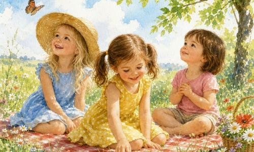 Trois filles — Lou (≈4 ans, couettes châtain, robe jaune à pois, assise au centre sur une petite couverture à carreaux rouges, touchant l'herbe), Chloé (≈4 ans, cheveux blonds lâchés, chapeau de paille, robe bleu clair, à gauche, regardant un papillon) et Zoé (≈3 ans, cheveux bruns courts, t-shirt rose, short beige, à droite, mains jointes, écoutant un oiseau) — partagent un pique-nique d'été dans un jardin ensoleillé avec pelouse verte, pâquerettes et coquelicots, un arbre à droite et ciel bleu; ambiance douce aquarelle, ombres légères, sourires et gestes tendres.