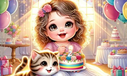 Zoé, une petite fille de 1 an avec de grands yeux pétillants et des cheveux bouclés, est assise dans un salon joyeusement décoré. Elle sourit émerveillée, tenant un morceau de gâteau coloré. À ses côtés, un petit chat rayé et curieux danse autour des ballons, semblant heureux de partager ce moment. Le salon est lumineux, rempli de ballons multicolores, de guirlandes scintillantes et d'une grande table de gâteaux. Des rayons de soleil filtrent à travers les fenêtres, créant une atmosphère magique. La scène montre Zoé et le chat partageant un moment de joie, illustrant l'esprit d'un anniversaire inoubliable.