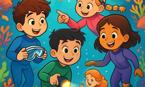 Quatre enfants explorent un lagon sous-marin magique. Jules, 11 ans, a des cheveux bruns en bataille et porte une combinaison de plongée bleue. Lila, également 11 ans, a des cheveux blonds tressés et une combinaison rose. Timéo, avec des cheveux noirs et une combinaison verte, tient une lampe étanche. Nour, 11 ans, a des cheveux châtains, une prothèse à la jambe et une combinaison violette. Ils découvrent une sirène miniature qui nage près d'eux, émerveillés par cette rencontre fascinante. Le lagon est entouré de corail coloré, avec des rayons de soleil illuminant des poissons multicolores et des algues ondulant doucement.