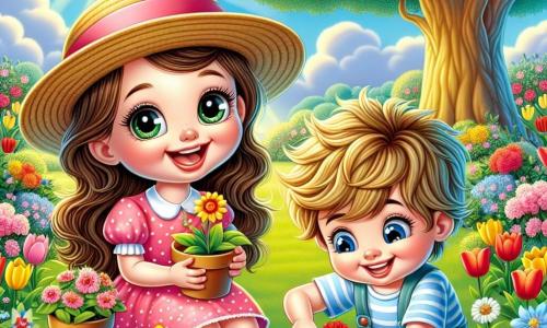 Léa, une petite fille de 4 ans aux longs cheveux bruns et aux yeux pétillants, est assise dans un jardin ensoleillé, entourée de fleurs colorées. Elle porte une robe rose à pois et un chapeau de paille, souriant en tenant un pot de fleurs. À côté d'elle, Tom, un garçon de 5 ans aux cheveux blonds en bataille et aux yeux bleus, plante une fleur, concentré et heureux. Le jardin est rempli de tulipes rouges, de jonquilles jaunes et de marguerites blanches, sous un ciel bleu clair avec quelques nuages. Au fond, un arbre majestueux offre une ombre douce. Léa et Tom préparent une chasse au trésor, souriants, entourés de pots de fleurs et de petits jouets cachés dans l'herbe verte.
