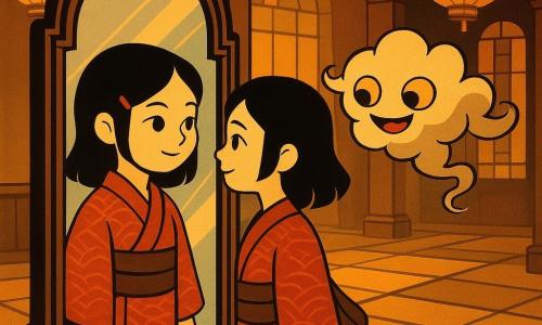 Nao, une jeune fille japonaise aux cheveux noirs et au sourire serein, se tient devant un miroir ancien. Elle semble curieuse et déterminée, ses yeux pétillent de découverte. À côté d'elle, Tobi, un petit yōkai espiègle, flotte dans les airs, ressemblant à un nuage enjoué avec des yeux malicieux. Ils sont dans une grande salle de château, ornée de lanternes et de tatamis, baignée d'une lumière douce. La scène montre Nao regardant son reflet, tandis que Tobi virevolte autour, créant une ambiance magique et mystérieuse.