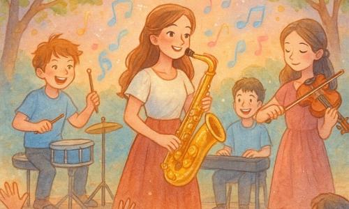 Clémentine (16–18 ans), souriante et concentrée, joue d’un saxophone doré nommé «Mélodie» ; Tom (≈14 ans), énergique, bat sur une petite batterie à gauche ; Anna (≈15 ans), violoniste douce, tient l’archet à droite ; Lucas (≈16 ans), pianiste rieur, est assis au piano portable en retrait au centre. Sur une petite scène en bois dans un parc au crépuscule, une fontaine en pierre et de grands arbres aux feuilles vertes et dorées forment le décor, des guirlandes lumineuses pendent, des enfants dansent et des adultes applaudissent au premier plan. Concert chaleureux et joyeux au festival du village, notes colorées flottant en volutes autour des musiciens, ambiance conviviale et magique, palette pastel, textures aquarelle douces et rehauts blancs brillants sur instruments et lumières.