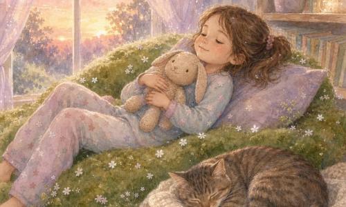 Fille de 8 ans calme, allongée sur un lit de mousse verte épaisse semblable à un îlot de gazon, cheveux châtains en couette lâche, pyjama pastel à étoiles, tenant un petit lapin roux en peluche usée contre sa poitrine ; un chat tigré roulé en boule au pied du lit, patte sur une couverture crème ; chambre au crépuscule avec grandes fenêtres et rideaux lavande, reflets dorés du soleil couchant, étagère en bois clair avec livres et plante à larges feuilles ; mousse ponctuée de petites fleurs blanches et bulles lumineuses pastel montant vers le plafond, atmosphère douce et enveloppante aux tons aquarelle et reflets légers.