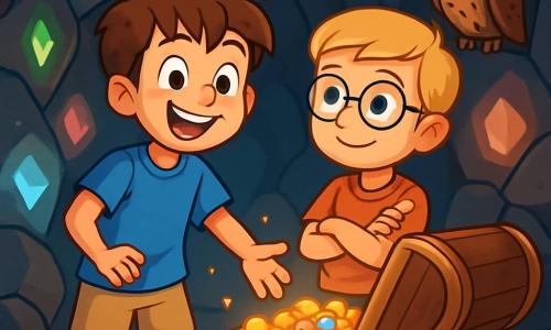 Un garçon de 10 ans, Lucas, se tient au centre de la scène, avec des cheveux châtains en bataille et des yeux curieux. Il porte un t-shirt bleu et un short beige, affichant un large sourire. À ses côtés, son meilleur ami Tom, également âgé de 10 ans, a des cheveux blonds et des lunettes rondes, regardant le coffre avec émerveillement. La scène se déroule dans une grotte mystérieuse, où des pierres lumineuses illuminent les murs sombres. Un vieux coffre en bois, entrouvert, laisse entrevoir des pièces d'or et des pierres précieuses. Lucas et Tom s'approchent du coffre, leurs yeux brillants d'excitation, tandis qu'un vieux hibou les observe, ajoutant une touche de magie à l'atmosphère d'aventure et de mystère.
