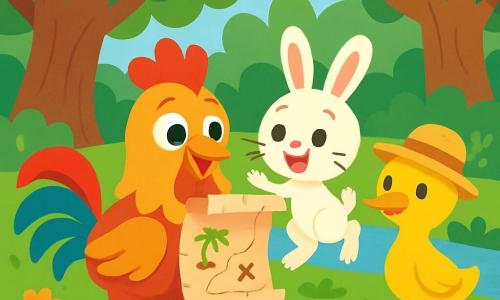 Un coq aux plumes dorées et rouges, curieux et joyeux, se tient fièrement au centre, tenant une vieille carte au trésor dans son bec. À côté, un petit lapin aux grandes oreilles blanches et aux yeux pétillants regarde la carte avec émerveillement. Non loin, une canne jaune vif avec un chapeau en paille les observe, prête à les accompagner. La scène se déroule dans une forêt enchantée avec de grands arbres, des fleurs éclatantes et un ruisseau scintillant en arrière-plan. Coco, le coq, et ses amis découvrent une carte au trésor, impatients de partir à l’aventure pour trouver des merveilles cachées.