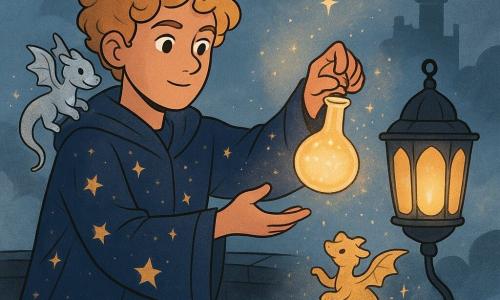 Lior, un jeune homme surnommé l'alchimiste des étoiles, a des cheveux bouclés et dorés et porte un manteau d'alchimiste bleu nuit orné de motifs étoilés. Avec un regard déterminé et bienveillant, il tend une fiole lumineuse vers une lanterne magique. Deux petits dragons de poussière, l'un argenté et l'autre doré, virevoltent autour de lui, projetant des étincelles. L'un est sur son épaule et l'autre joue avec les étoiles. La scène se passe sur une terrasse de la Forteresse d'Ombreflot, en verre noir brillant, entourée d'un brouillard mystérieux. Lior verse une potion de lumière sur la Lanterne de Nébula, qui brille intensément, illuminant le brouillard d'une lueur magique.