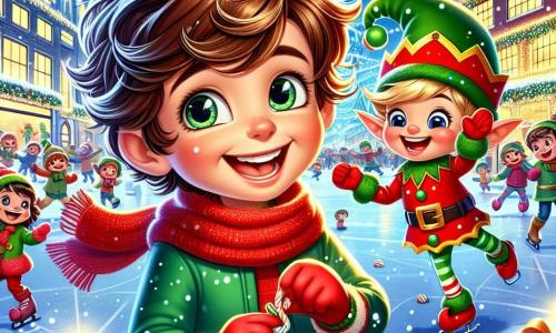 Un petit garçon de 5 ans, Maxime, avec des cheveux châtains en bataille et des yeux malicieux, sourit au centre de la scène. Il porte une écharpe rouge et des gants colorés, tenant un sucre d'orge. À ses côtés, Luma, un elfe joyeux avec des oreilles pointues et un chapeau vert, danse autour de lui. La scène se déroule dans une ville enneigée, illuminée par des guirlandes et avec un grand sapin décoré en arrière-plan. Maxime et Luma préparent des paquets de bonbons et de jouets pour les enfants dans le besoin, créant une atmosphère festive évoquant l'esprit de Noël.