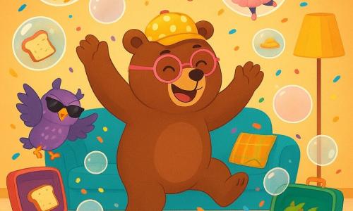 Barnabé l'ours, un gros ours brun souriant avec des lunettes rondes roses, danse joyeusement dans un salon en désordre, entouré de rêves flottants. Il porte une casquette à pois jaunes et semble amusé, les bras levés, prêt à attraper un rêve de pingouin ballerine qui virevolte. Prunelle, la chouette aux plumes violettes et aux grands yeux ronds, est perchée sur un canapé, riant avec espièglerie, lunettes de soleil sur le bec, agitant ses ailes pour encourager Barnabé. Le salon est rempli de valises colorées, certaines ouvertes laissant échapper des rêves en forme de bulles de savon, tartines volantes et dragons miniatures. Des confettis arc-en-ciel flottent dans l’air, et une lumière douce illumine la scène, créant une atmosphère magique. Barnabé et Prunelle s'amusent à ranger les rêves en dansant, transformant le désordre en fête éclatante.